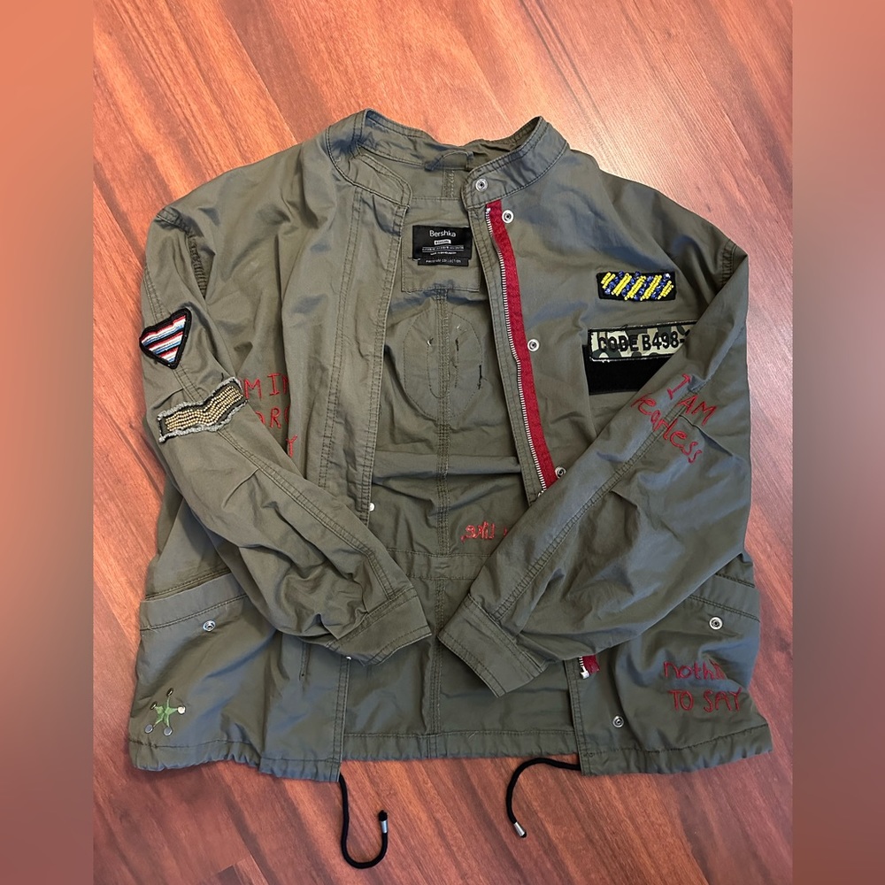Bershka Utility Jacket, Olive Green, with Embroidered Patches and Words, Size XS